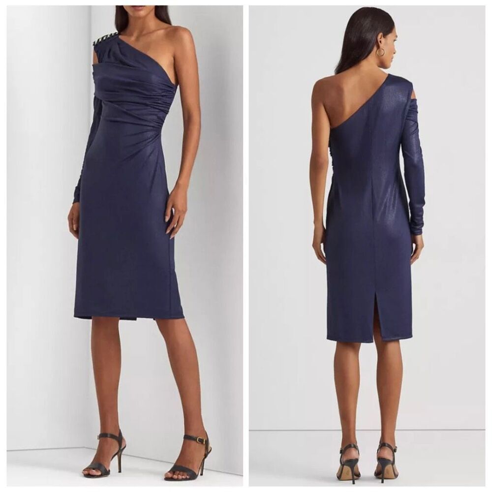 Lauren Ralph Lauren Women's Foil-Print One-Shoulder Dress French Navy Size 4 NWT